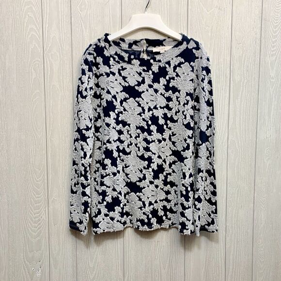 LOFT Blue White Floral Long Sleeve Mock Neck Top Large NWT - Picture 3 of 6